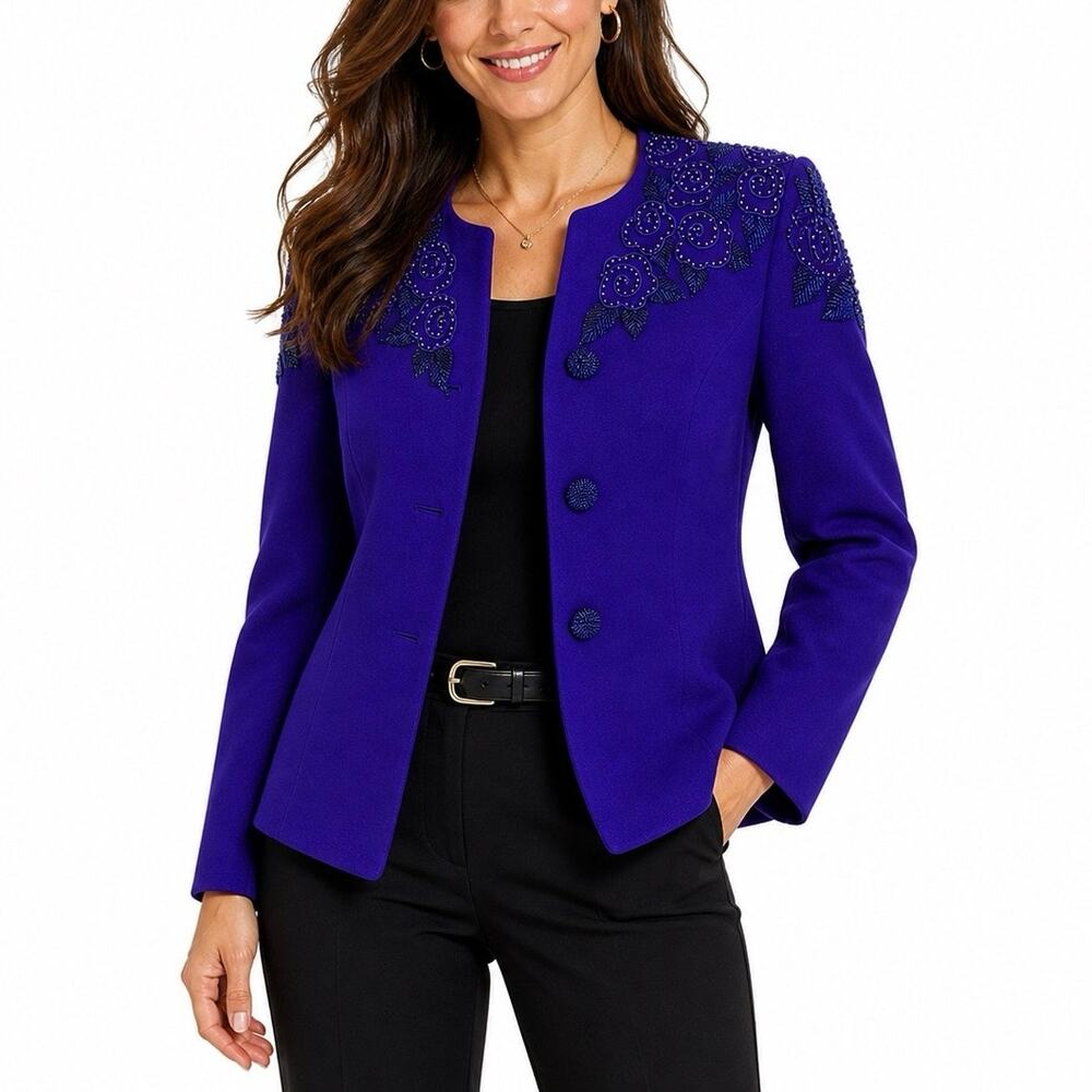 Vintage Nolan Miller Purple Wool Blazer Beaded Floral Jacket Size 4 Beaded